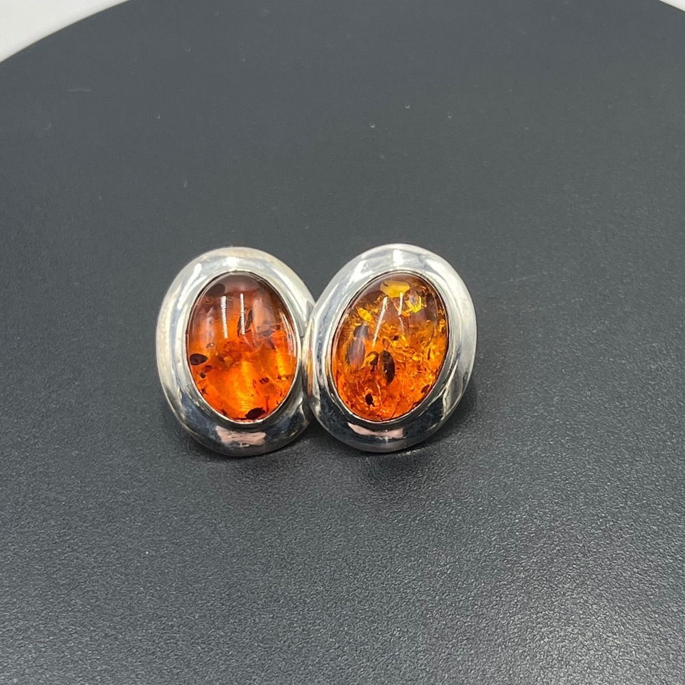 Vintage Sterling Silver Large Oval Baltic Amber Cognac Cabochon Pierced Earrings